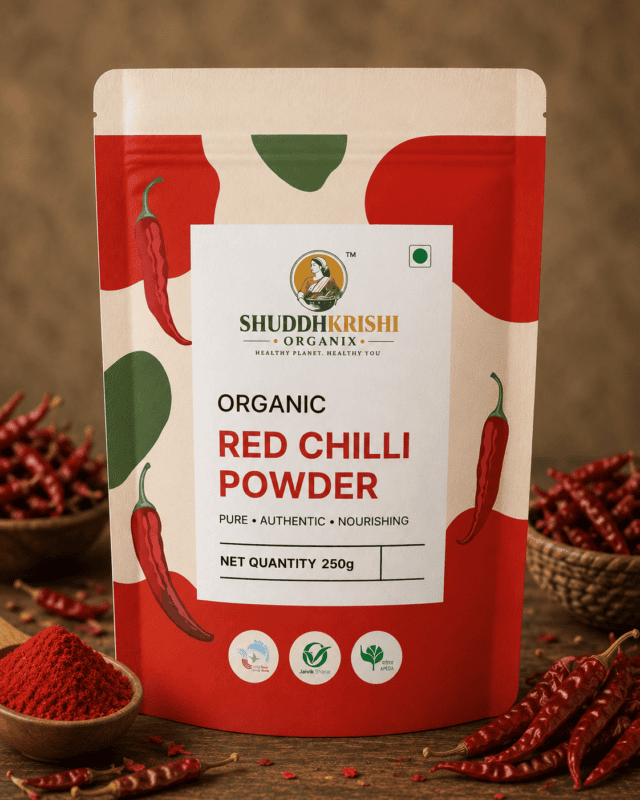 ShuddhKrishi Organix Organic Red Chilli Powder 250g pouch with dried red chillies and chilli powder