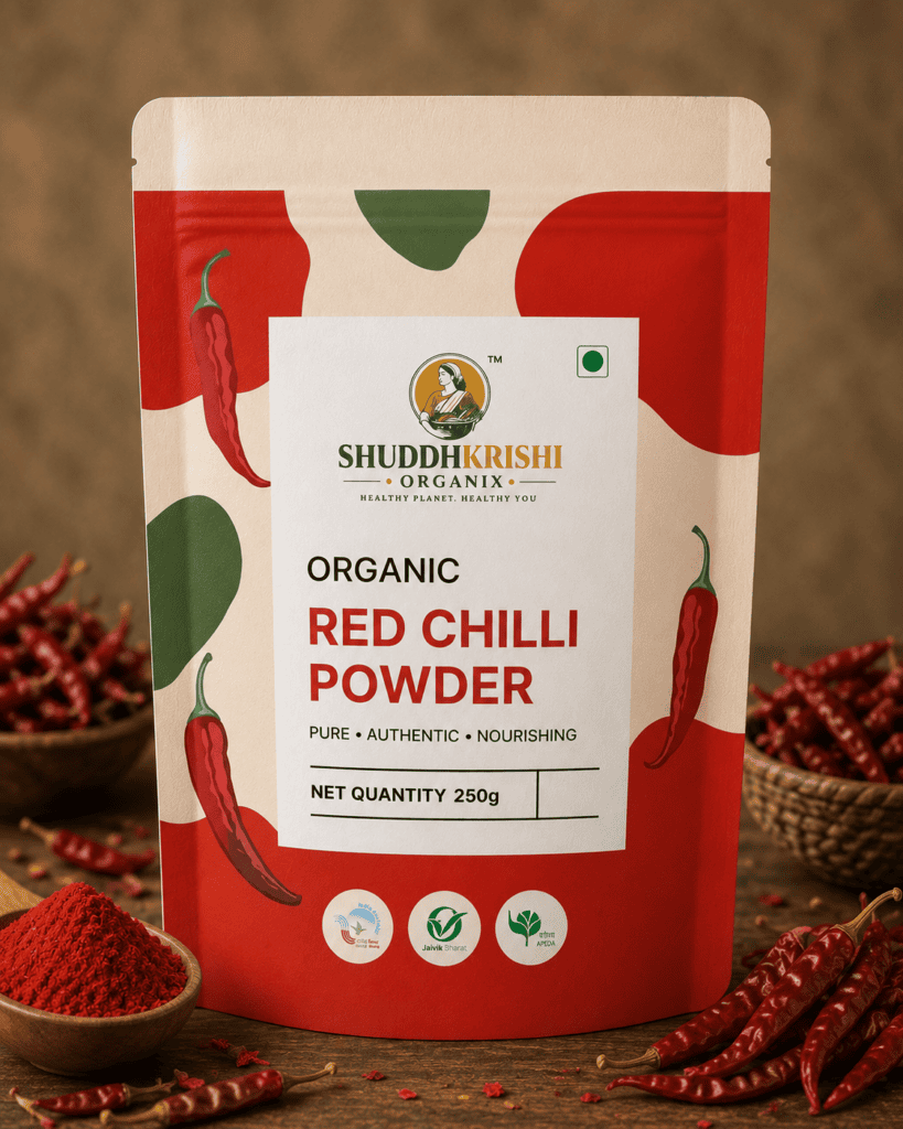 ShuddhKrishi Organix Organic Red Chilli Powder 250g pouch with dried red chillies and chilli powder